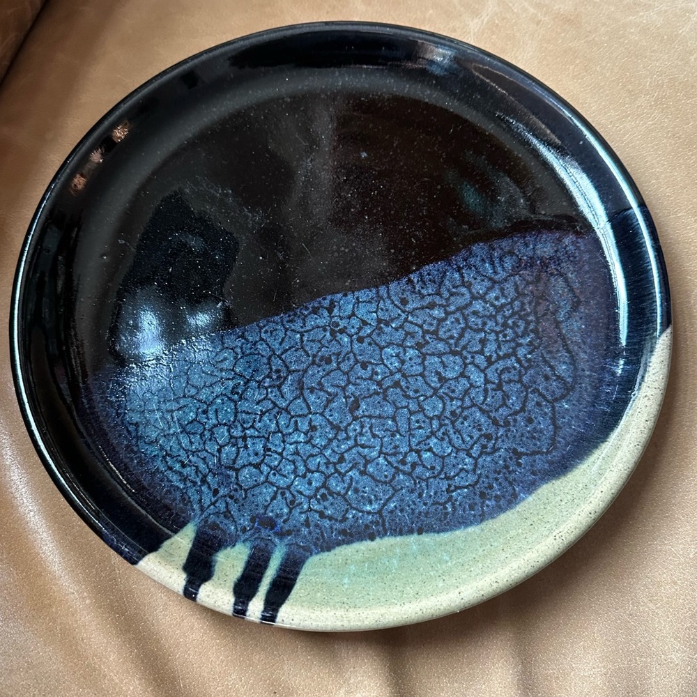 Vintage MCM studio pottery handmade art ceramic blue black speckle glaze dine - Picture 3 of 7